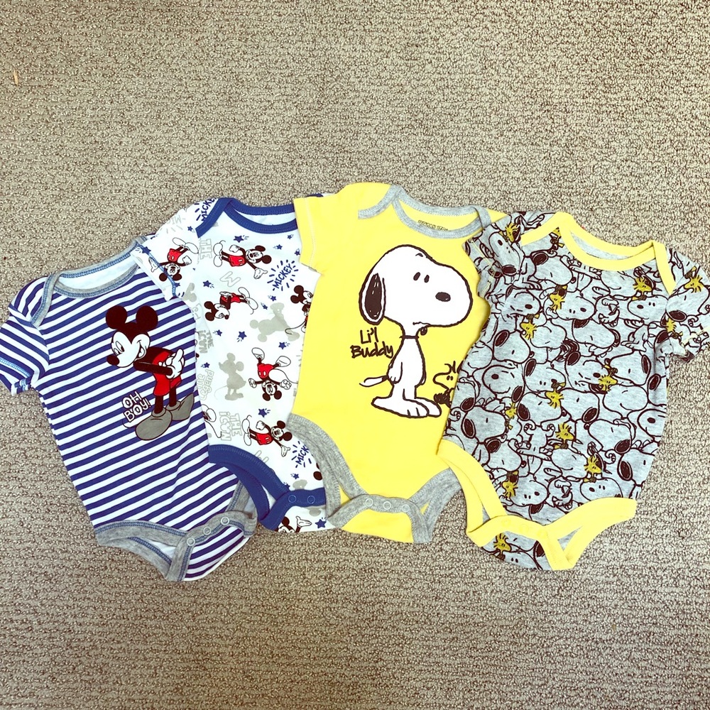 4 New Mickey and Snoopy Themed Onesies 0-3M